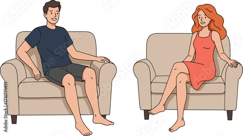 Couple Sitting on Comfortable Sofas, Relaxing at Home, Casual Clothing, Flat Vector Illustration of a Cozy Living Room Setting