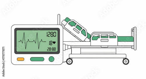 Hospital bed and vital signs monitor with electrocardiogram and data display