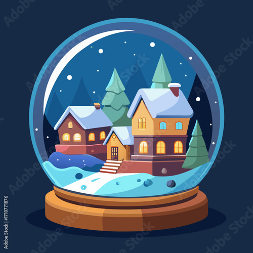 Magical Christmas Snow Globe with Winter Village Scene and Glowing Lights for Holiday Decoration Vector
