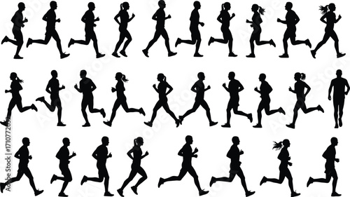 Running silhouette sequence, athlete motion study, sports biomechanics, dynamic stride cycle, human movement analysis, fitness training, animation reference, sprint posture