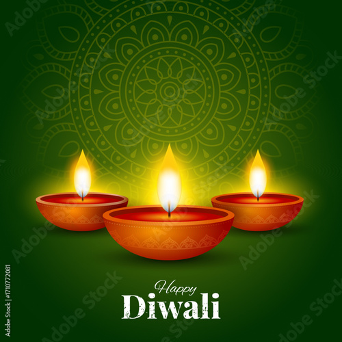 Happy Diwali festival celebration greeting card background, decorative oil lamp, vector illustration
