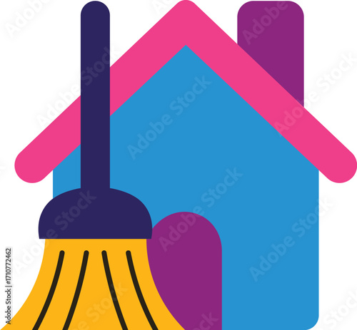 House Icon with Broom and Pink Roof on White Background cleaning home