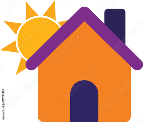 Orange House and Sun Icon on White Background symbol
