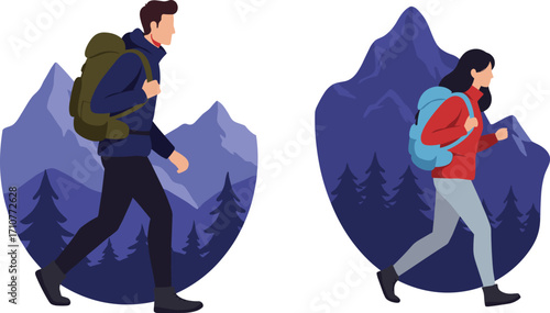 Hiking adventure flat vector illustration, mountain trekking couple with backpacks, outdoor nature exploration, scenic wilderness travel design, CAD drawing illustration