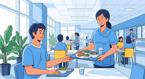 Healthcare worker serving food in a hospital cafeteria