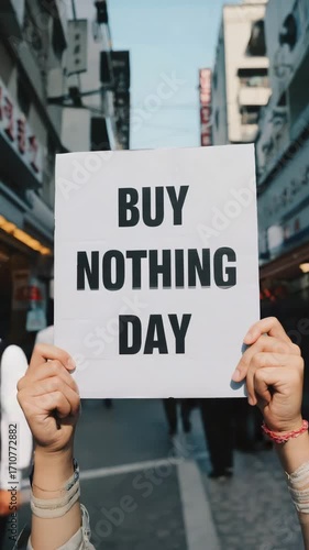 Person holding a white sign with bold black text reading Buy Nothing Day in a busy street.