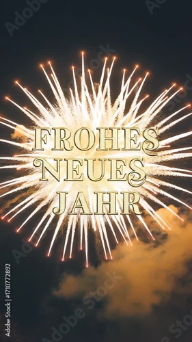 German New Year greeting Frohes Neues Jahr with golden fireworks in the night sky.
