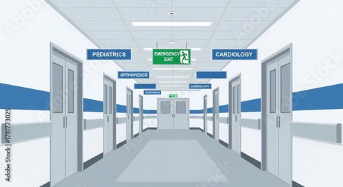Clean hospital corridor with department signs and emergency exit