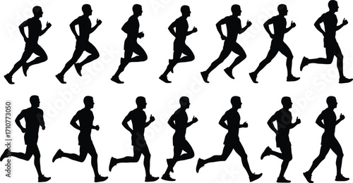 Running silhouette sequence, athletic motion study, sports biomechanics, human movement frames, dynamic runner pose, black white contrast, fitness animation reference