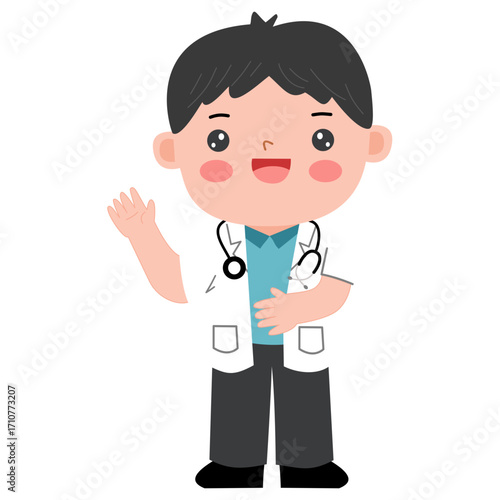illustration of a boy who dreams of becoming a doctor. cartoon of a boy wearing a doctor's costume