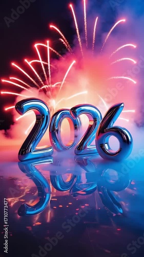 Shiny chrome numbers 2026 reflected on surface with colorful fireworks in smoke.