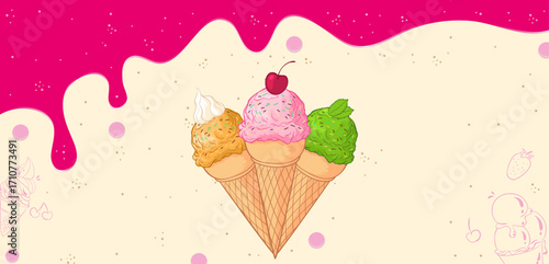 Triple scoop ice cream cone with cherry and colorful drips on pastel background