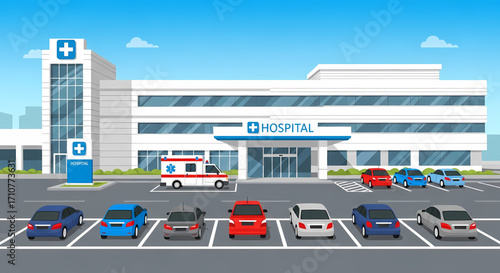 Modern Hospital Building with Ambulance and Cars in Parking Lot