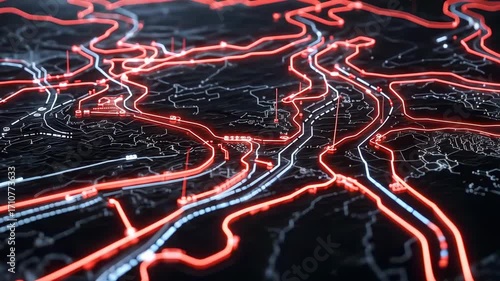 Abstract neon light map representation with intricate pathways and patterns