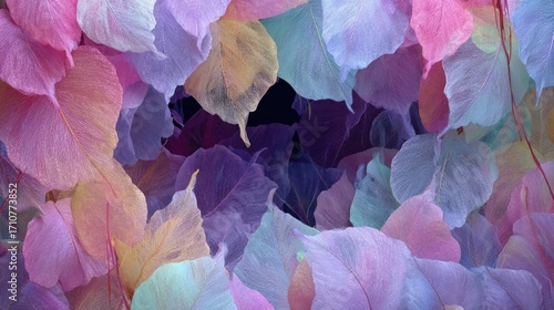 Pastel colored skeleton leaves creating a dense and textured background with a dreamy and ethereal quality