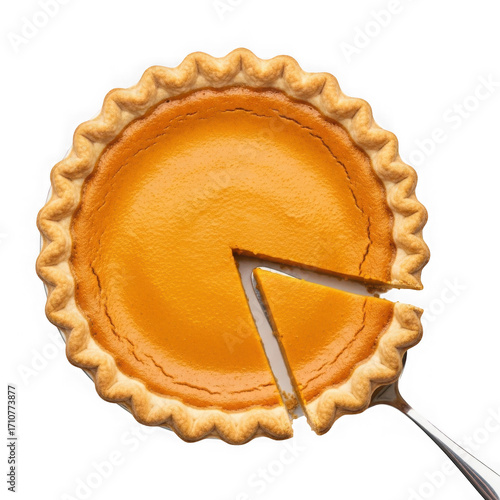 Deliciously baked pumpkin pie with a slice removed on a transparent background isolated on transparent background