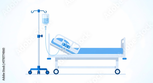 Hospital bed with IV drip and medical monitor, vector illustration