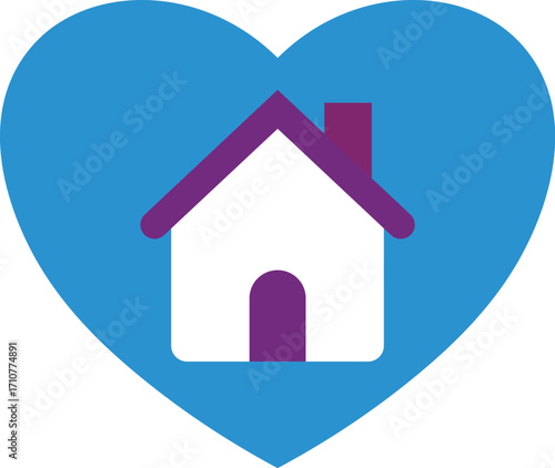 Blue Heart Shape With White House And Purple Roof Icon home symbol