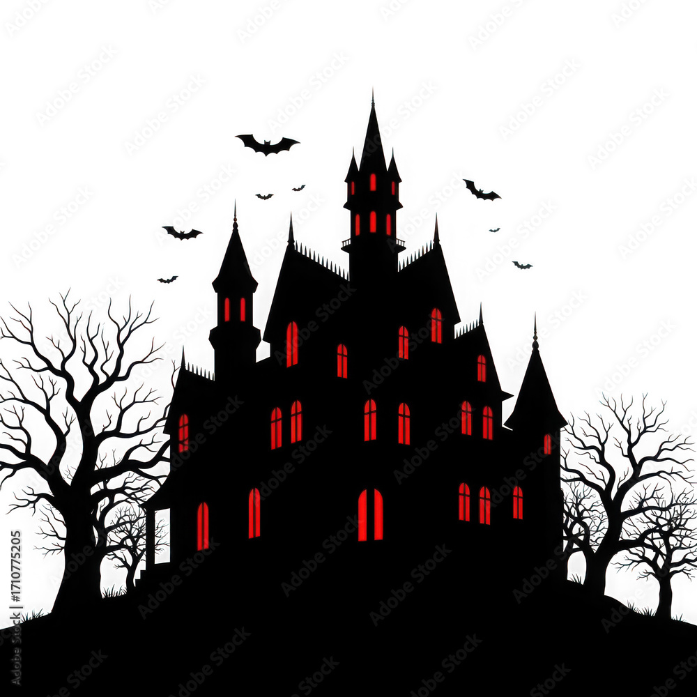 Obraz premium Eerie victorian mansion silhouette with glowing red windows isolated on transparent background