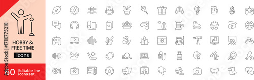 Hobby and free time icons set. Including music, painting, reading, photography, gaming, sports, gardening, cooking, and more. Editable stroke. Vector illustration. Outline icons.
