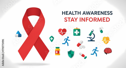 Health Awareness and Information Concept with Medical Icons and Red Ribbon