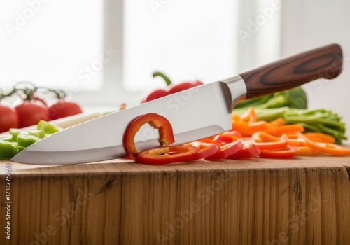 Sharp kitchen knife slicing a red bell pepper on a wooden cutting board
