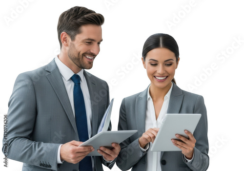 Two smiling business professionals looking at documents and tablet isolated on transparent background
