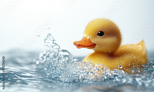 Cute yellow duckling splashing in water