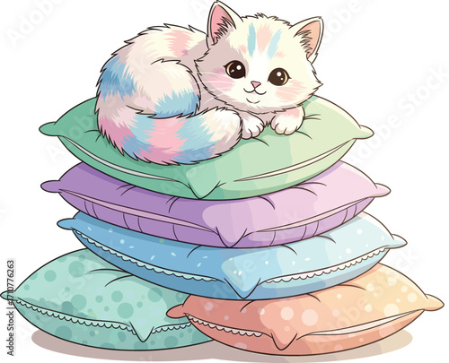 Sleepy Kitten on Colorful Pillow
