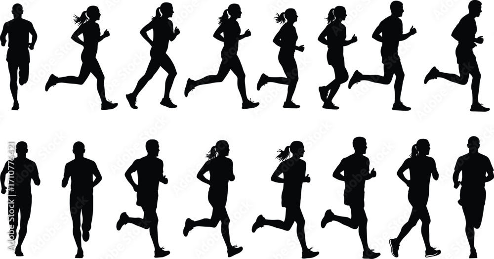 Naklejka premium Running silhouettes, athletic motion, human biomechanics, sports movement, dynamic posture, fitness concept, animation reference, exercise form, training, physical activity, sprinting