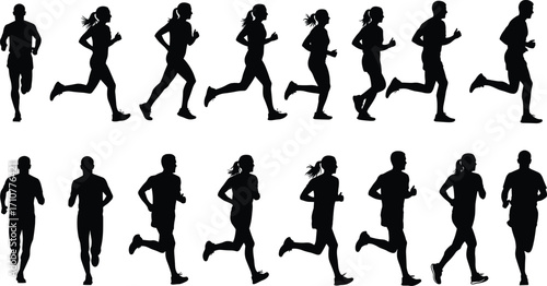 Running silhouettes, athletic motion, human biomechanics, sports movement, dynamic posture, fitness concept, animation reference, exercise form, training, physical activity, sprinting