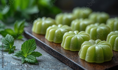 Fresh green sweets on a wooden board with mint leaves