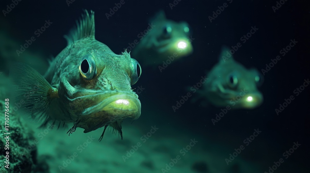 Fototapeta premium Mysterious Deep Sea Creatures: Biolluminescent Fish in Dark Ocean Depths