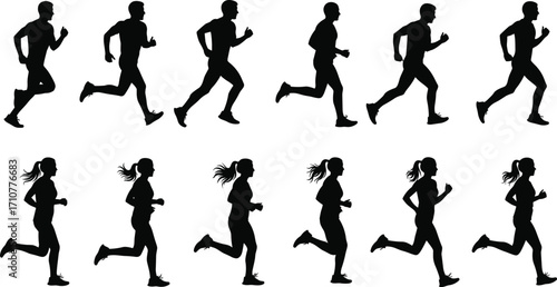 Running silhouettes, male and female runners, athletic motion, biomechanics, stride phases, sports training, human movement, fitness, jogging, animation reference