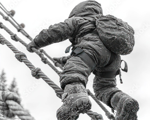 Child climber on a rope ladder in winter