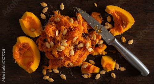 Top-Down Dutch Master Still Life with Glistening Pumpkin Guts, Orange Seeds, and Sharp Carving Knife on Walnut Table