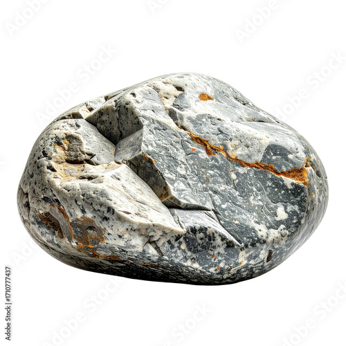 Rounded, mottled gray and white stone with cracks and streaks