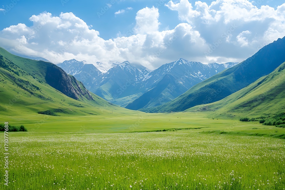 Fototapeta premium Serene mountain landscape, green valley, blue sky with clouds, scenic view, natural scenery