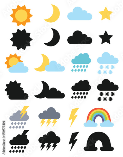 Big set of weather icons. Isolated white background. Vector flat illustration