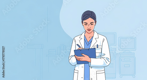 Doctor in a white coat with a clipboard, focused on notes, in a medical office setting.