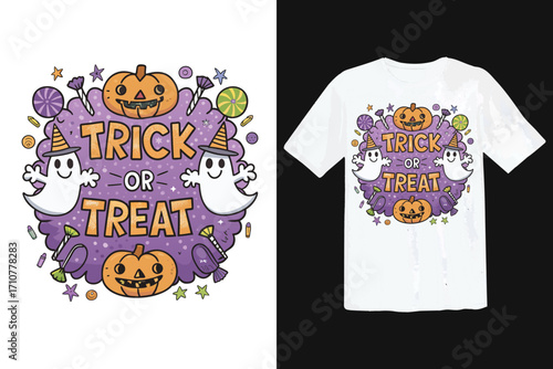 Cute Halloween ghosts and pumpkins trick or treat graphic tshirt 