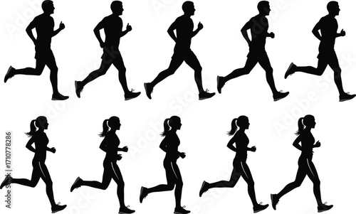 Running silhouettes, male and female runners, athletic motion, stride phases, human biomechanics, fitness training, sports science, dynamic posture, movement study, animation reference