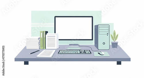 Wallpaper Mural Minimalist illustration of a desk with a computer setup, books, and plant. Torontodigital.ca