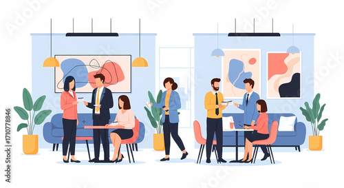 Diverse professionals interacting and exchanging cards in a modern office lounge setting.