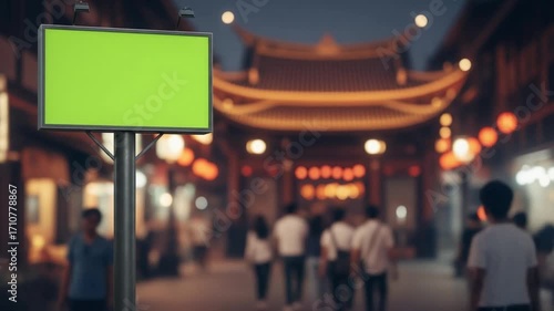 Green screen billboard stands in a bustling asian street at night with people walking by softly blurred