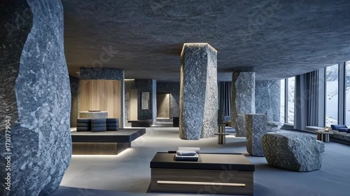 modern stone spa interior with natural lighting and serene ambiance