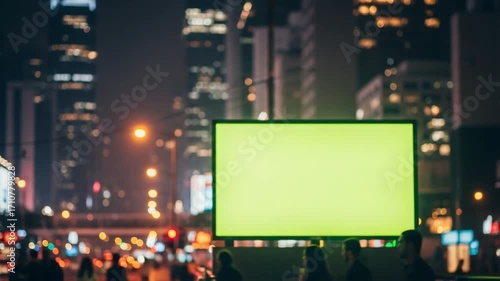 Billboard with a green screen in a city at night with blurred lights and tall buildings behind it
