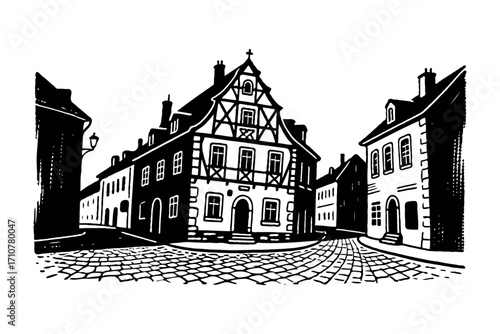 Historical European town street with half-timbered buildings, black and white woodcut style, on white background, vintage architecture concept
