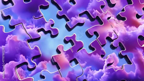 Colorful puzzle pieces against a vibrant sky