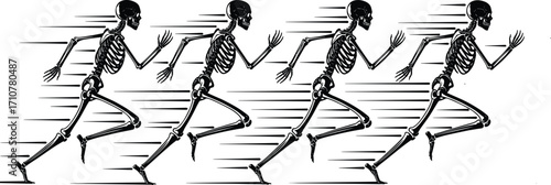 Skeletons running in motion, anatomical speed illustration, stylized bone figures, dynamic skeletal movement, artistic anatomy, fast skeleton sprint, motion concept art